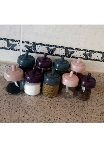 Şık 9 Parçalı Cam Baharat Takımı, Kaşıklı ve Dekoratif Tasarım