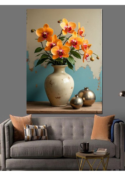 Renkli Çiçekli Vazo ve Tablo Dekor Seti, Ahşap ve Kanvas Malzeme