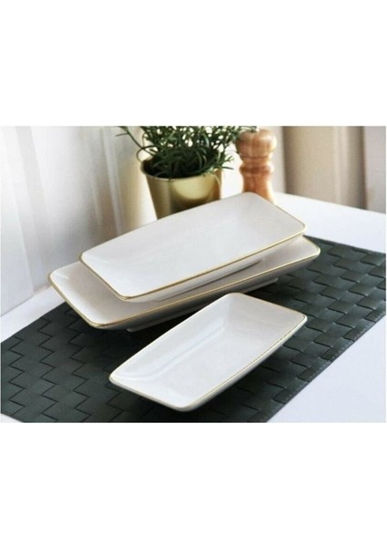 Şık Beyaz ve Gold Seramik 3'lü Kayık Tabak Seti