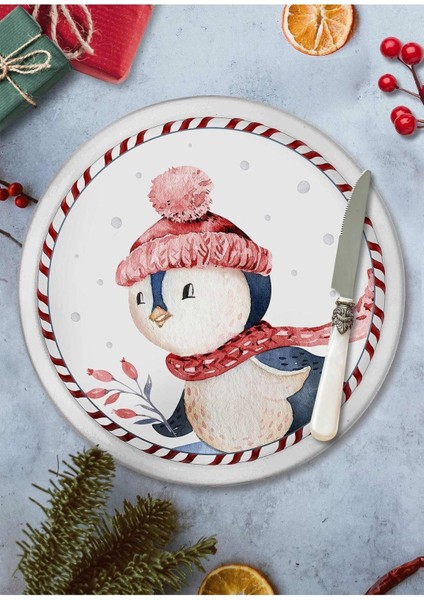 Yılbaşı Penguen Desenli 30CM Yuvarlak Servis Tabağı, Renkli ve Şık Tasarım
