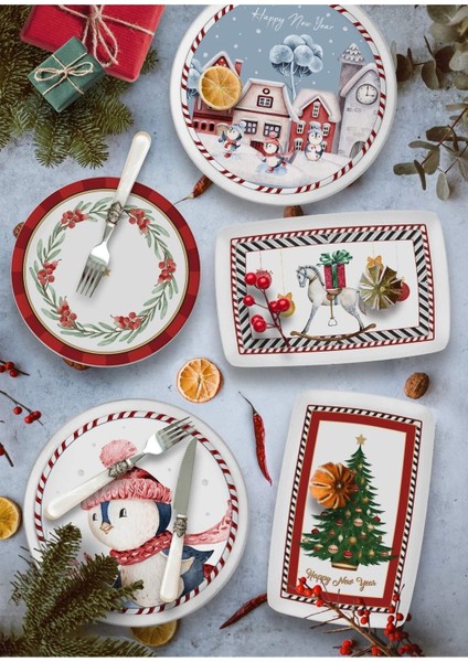 Yılbaşı Penguen Desenli 30CM Yuvarlak Servis Tabağı, Renkli ve Şık Tasarım fırsatları