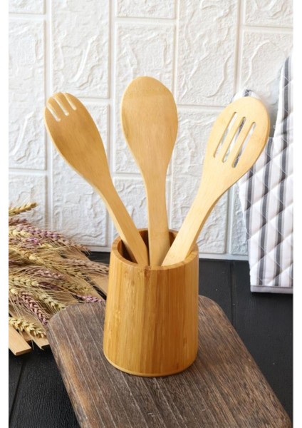4 Parça Bambum Ahşap Kaşıklık ve Servis Seti, Şık ve Kullanışlı Yemek Hazırlık Seti