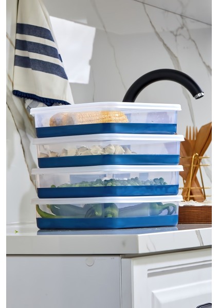 Lacivert 4'lü Silikon Tabanlı 2000 ml Derin Dondurucu Saklama Kabı Seti