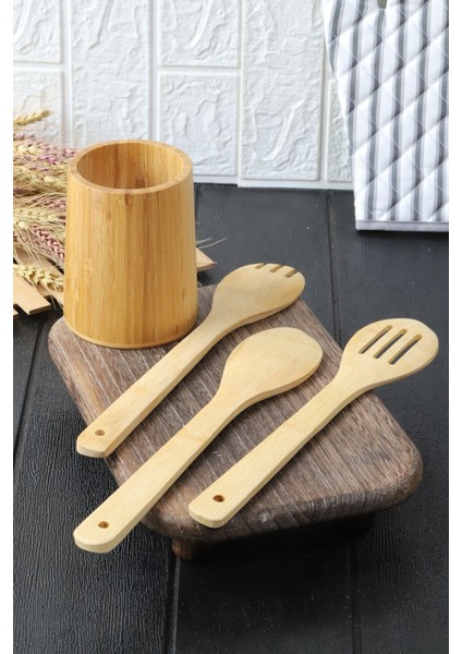 4 Parça Bambum Ahşap Kaşıklık ve Servis Seti, Şık ve Kullanışlı Yemek Hazırlık Seti fırsatları