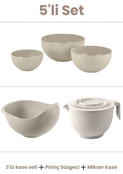 Kapaklı Mikser Kase Seti, Süzgeçli Pirinç Kaseler, Büyük Boy Yuvarlak 5'li
