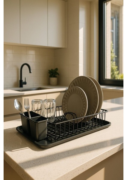 Siyah Metal Tezgah Üstü Tepsi ve Kaşıklık, Tek Katlı Bulaşık Kurutmalık, Pratik Kullanım