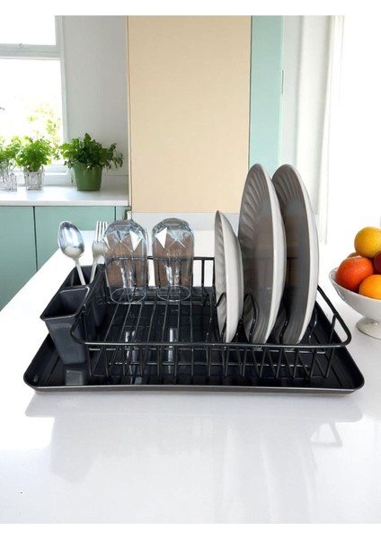 Siyah Metal Tezgah Üstü Tepsi ve Kaşıklık, Tek Katlı Bulaşık Kurutmalık, Pratik Kullanım