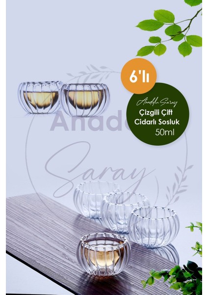 6'lı 50ML Çizgili Çift Cidar Cam Mini Sosluk Reçellik Kase