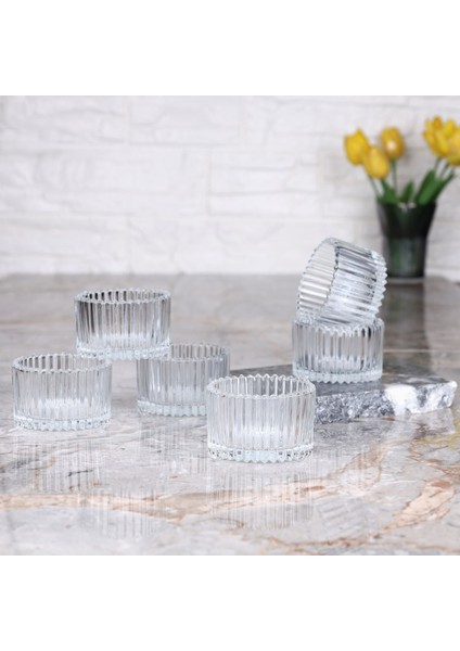 6'lı Mini Cam Sosluk ve Lokumluk Seti, Çizgili Dekoratif Kase, Beyaz