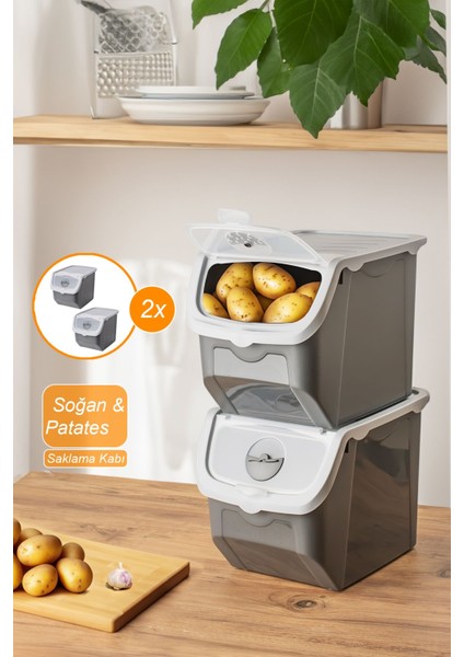 2'li Çok Amaçlı Plastik Saklama Kutusu, Patates, Soğan, Sarımsak, 12 Litre, Gri