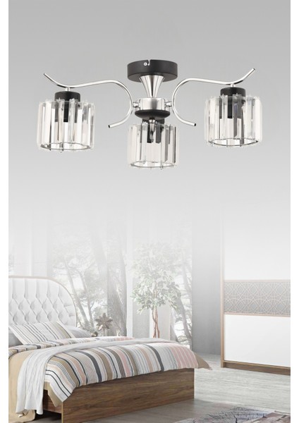 ESSLİGHT ESMA 3 LÜ KROM PLAFONYER AVİZE (KRİSTAL TAŞLI) SALON MUTFAK YATAK ODASI GENÇ ODASI OFİS