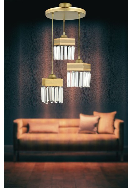 3'lü Eskitme Sarkıt Kristal Taşlı Sarı Şeritli Kare Avize