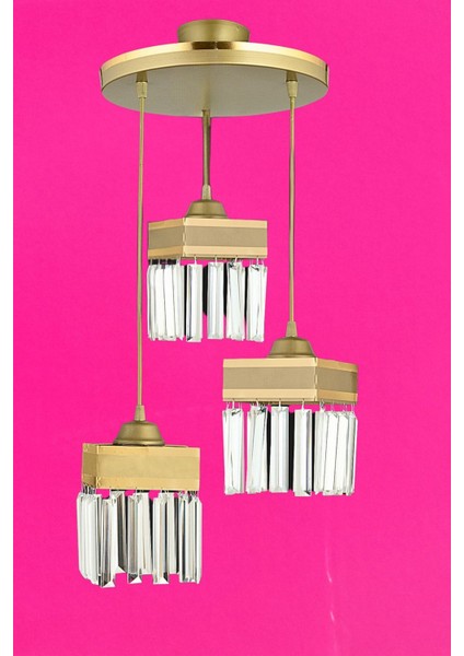 3'lü Eskitme Sarkıt Kristal Taşlı Sarı Şeritli Kare Avize modelleri