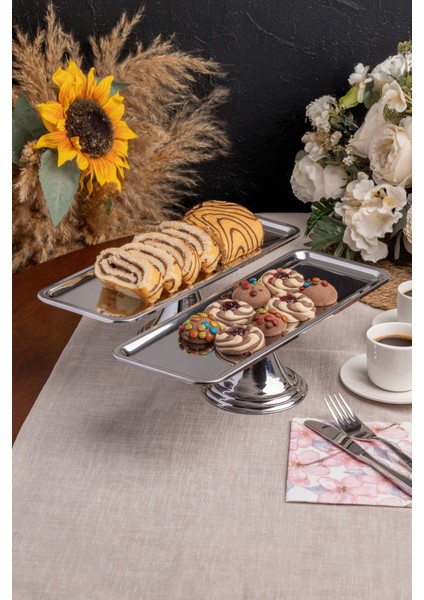 Renkli 2'li Dikdörtgen Gümüş Ayaklı Sunum Standı Kek, Pasta, Tatlı, Kurabiye