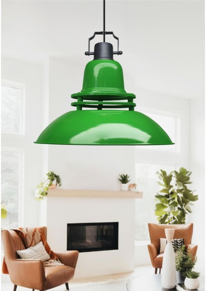 Yeşil Renkli Endüstriyel Tarz Büyük Boy Metal Sarkıt Işık