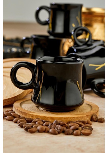 Bambu Tabaklı 6 Kişilik Kazan Model Siyah Kahve Fincanı Seti