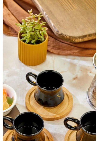 Bambu Tabaklı 6 Kişilik Kazan Model Siyah Kahve Fincanı Seti
