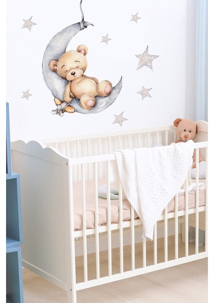 Tatlı Uykucu Ayıcık Duvar Sticker Seti, Beyaz Renkli Sevimli Dekorasyon.