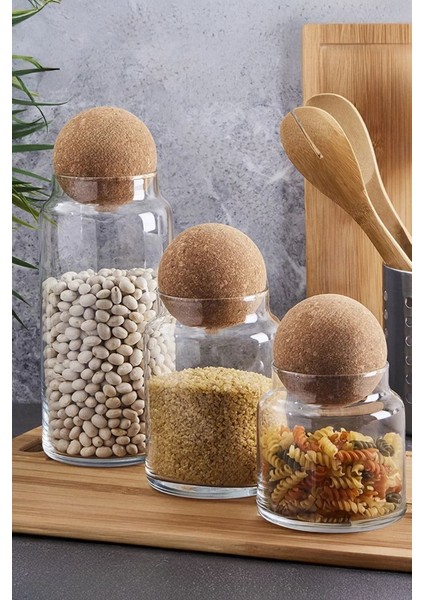 3'lü Top Mantar Kapaklı Cam Kavanoz ve Baharatlık Seti, Şık ve Kullanışlı Tasarım