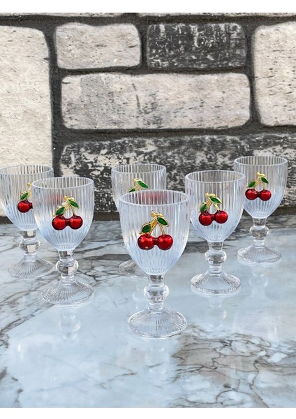 6'lı Kristal Cam Kahve Yanı Bardağı, Kiraz Desenli, 75ML, Turuncu Renkli