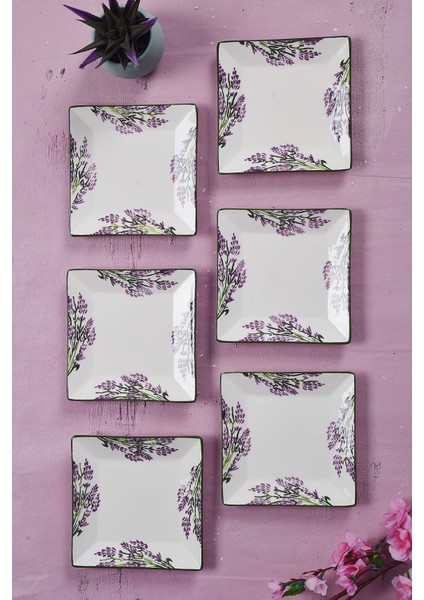 6'lı Renkli Lavanta Desenli Tatlı Tabak Seti, Sunum ve Servis Için 15 cm