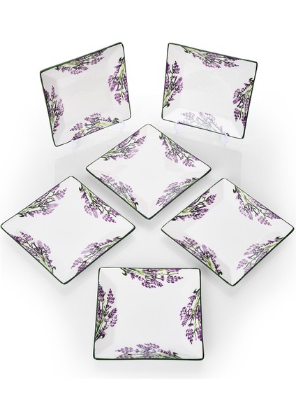 6'lı Renkli Lavanta Desenli Tatlı Tabak Seti, Sunum ve Servis Için 15 cm modelleri
