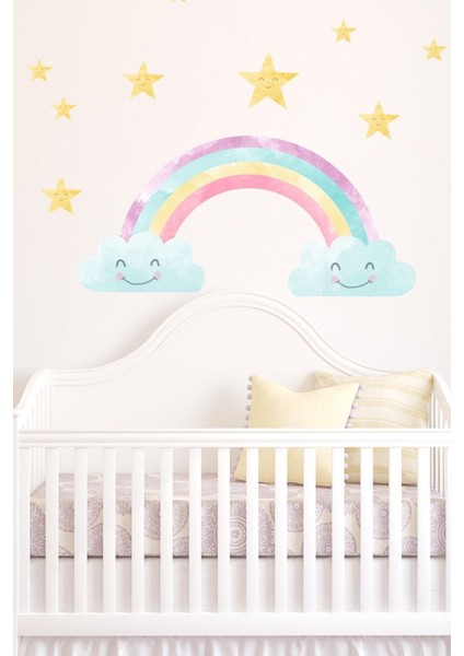 Renkli Gökkuşağı ve Yıldızlar Duvar Çıkartması Seti, Şık ve Eğlenceli Dekorasyon.