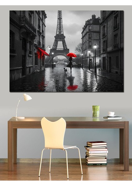 Renkli Kırmızı Şemsiye Dekoratif Kanvas ve Ahşap Tablo, Şık Duvar Dekoru