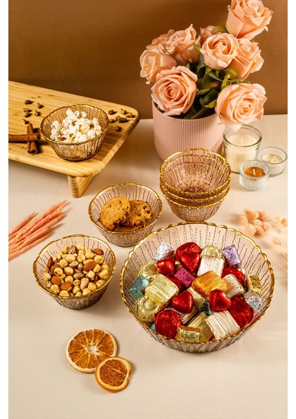 7 Parça Kahverengi Kase Seti, Gold Fileli, Şık ve Dayanıklı Tasarım