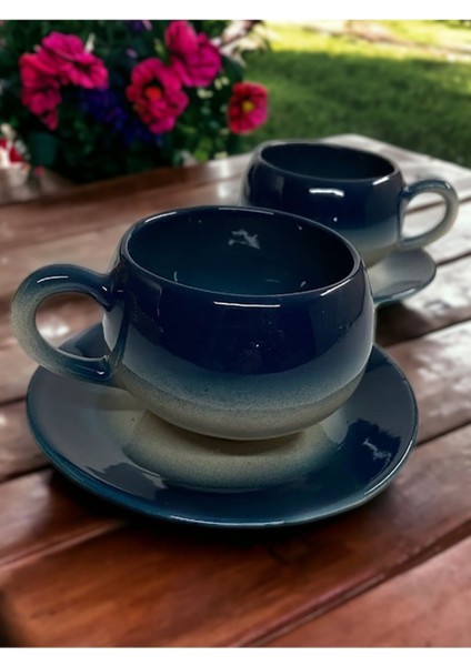 Şık Petrol Yeşili ve Siyah Çay Kahve Fincan Takımı 2'li Set