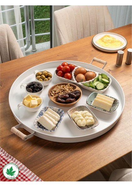 51CM Ahşap Kulplu Krem Metal Yuvarlak Sunum Tepsisi