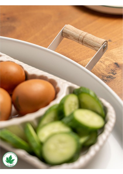 51CM Ahşap Kulplu Krem Metal Yuvarlak Sunum Tepsisi modelleri