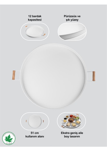 51CM Ahşap Kulplu Krem Metal Yuvarlak Sunum Tepsisi