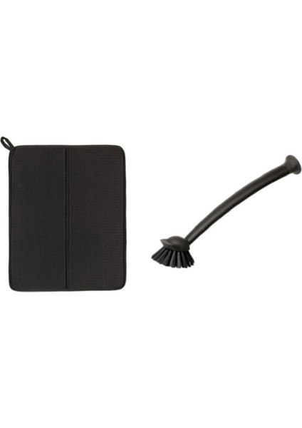 Ikili Mutfak Seti, Bulaşık Kurutma Matı ve Fırça, Koyu Gri ve Siyah Renklerde