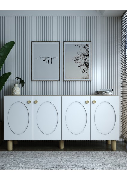 KA1502SB-NEF Bohem Konsol,tv Sehpası, Çok Amaçlı Dolap, Kahve Köşesi 150CM Safirmeşe-Beyaz