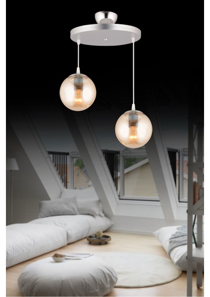 Krom Sarkıt Tepsi Çiftli Bal Glop Camlı Şık Avize