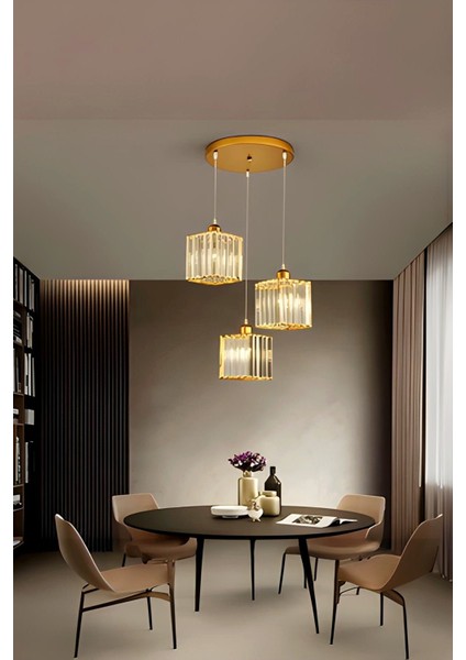 Şık 3'lü Sarı Kare Kristal Sarkıt Avize, Modern ve Zarif Tasarım