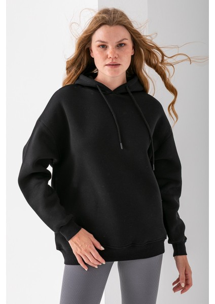 Kadın Kapüşonlu Basic 3ip Sweatshirt Siyah - 2604