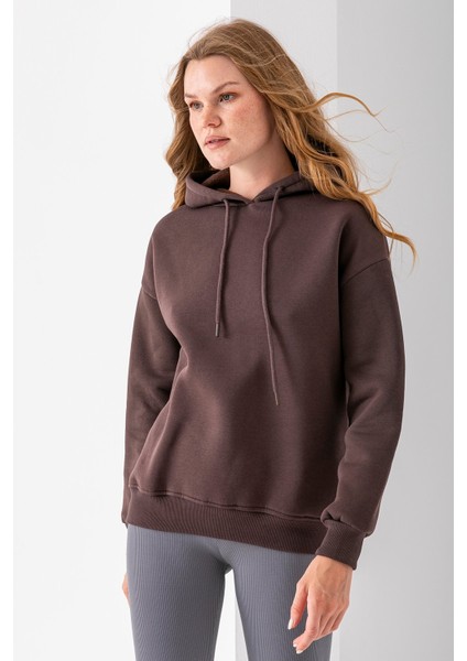 Kadın Kapüşonlu Basic 3ip Sweatshirt Kahverengi - 2604