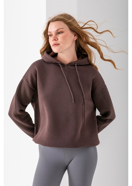 Kadın Kapüşonlu Basic 3ip Sweatshirt Kahverengi - 2604