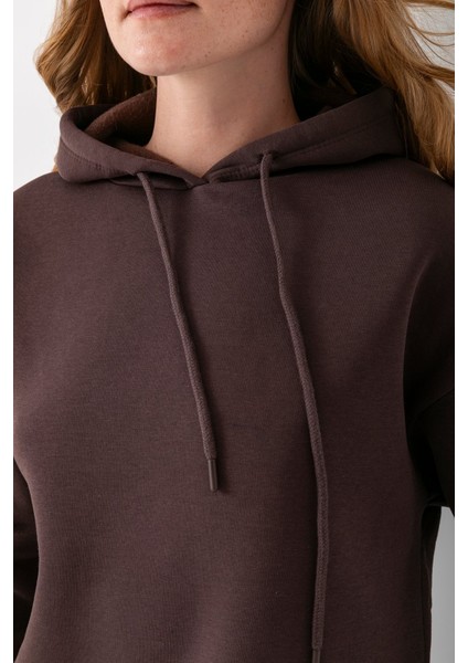 Kadın Kapüşonlu Basic 3ip Sweatshirt Kahverengi - 2604