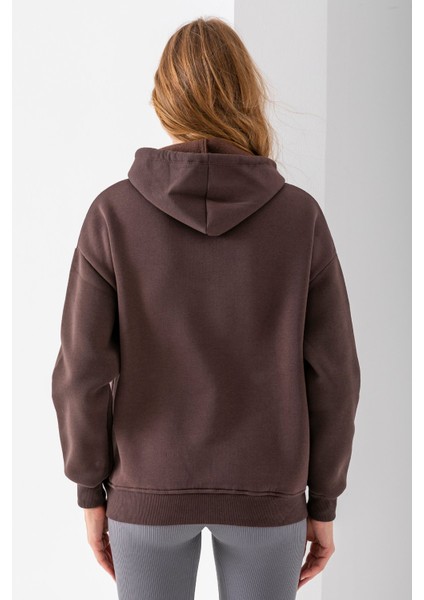 Kadın Kapüşonlu Basic 3ip Sweatshirt Kahverengi - 2604