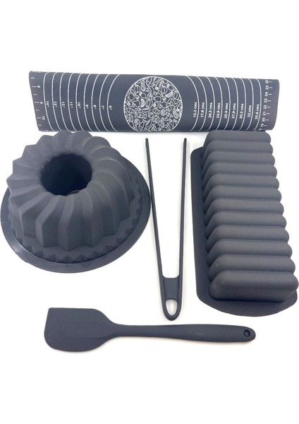 5 Parça Antrasit Silikon Mutfak Seti, Pastacılık, Oval Baton, Kek Kalıbı, Maşa, Spatula, Hamur Matı