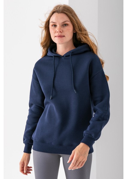 Kadın Kapüşonlu Basic 3ip Sweatshirt Lacivert - 2604