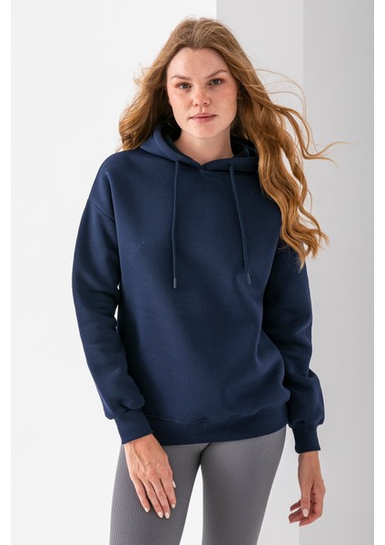 Kadın Kapüşonlu Basic 3ip Sweatshirt Lacivert - 2604