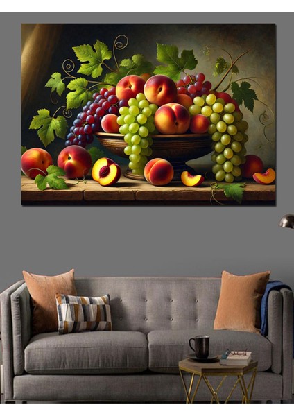 Renkli Meyve ve Sebze Desenli Kanvas ve Ahşap Tablo Dekoru