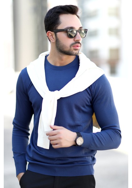 Erkek Pirinç Örgü Kazak Koyu Mavi Bisiklet Yaka Triko %100 Mikro Flament - 1005