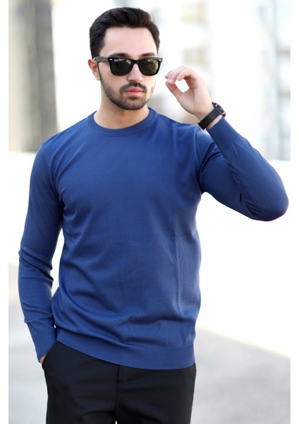 Erkek Pirinç Örgü Kazak Koyu Mavi Bisiklet Yaka Triko %100 Mikro Flament - 1005 fiyatları