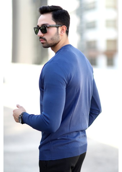 Erkek Pirinç Örgü Kazak Koyu Mavi Bisiklet Yaka Triko %100 Mikro Flament - 1005 modelleri