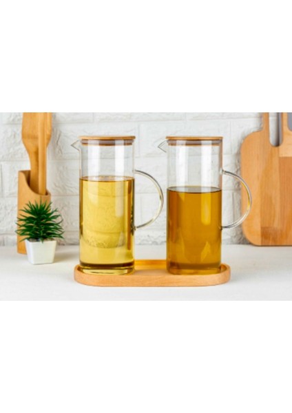 Bambu Standlı 2'li Borosilikat Cam Yağlık Seti, 1500 Ml, Büyük Boy, Şık ve Dayanıklı fiyatları
